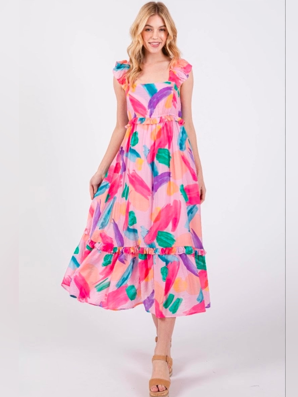 Size L - Blu Pepper Pink Multicolor Ruffle Maxi Dress - Picture 4 of 4